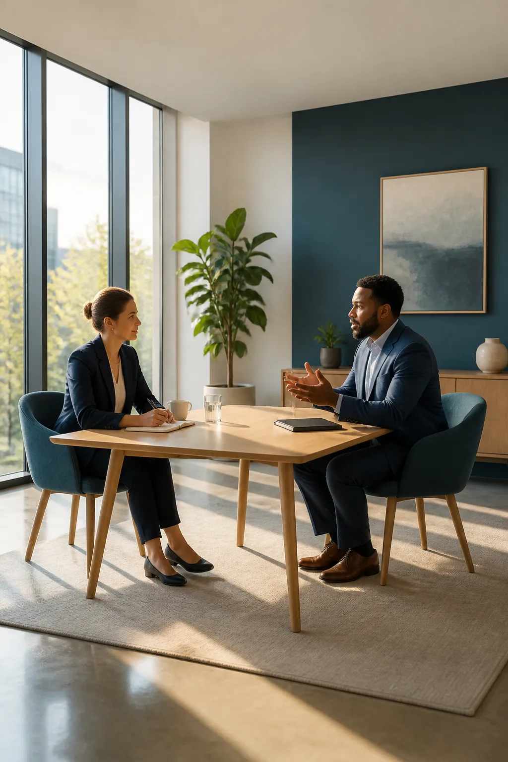 Two professionals having a focused discovery conversation in a modern meeting room